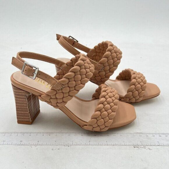 Miss Left Brown Braided Wide Strap Open Toe Slingback Sandal Chunky Heel Shoes - Picture 4 of 8